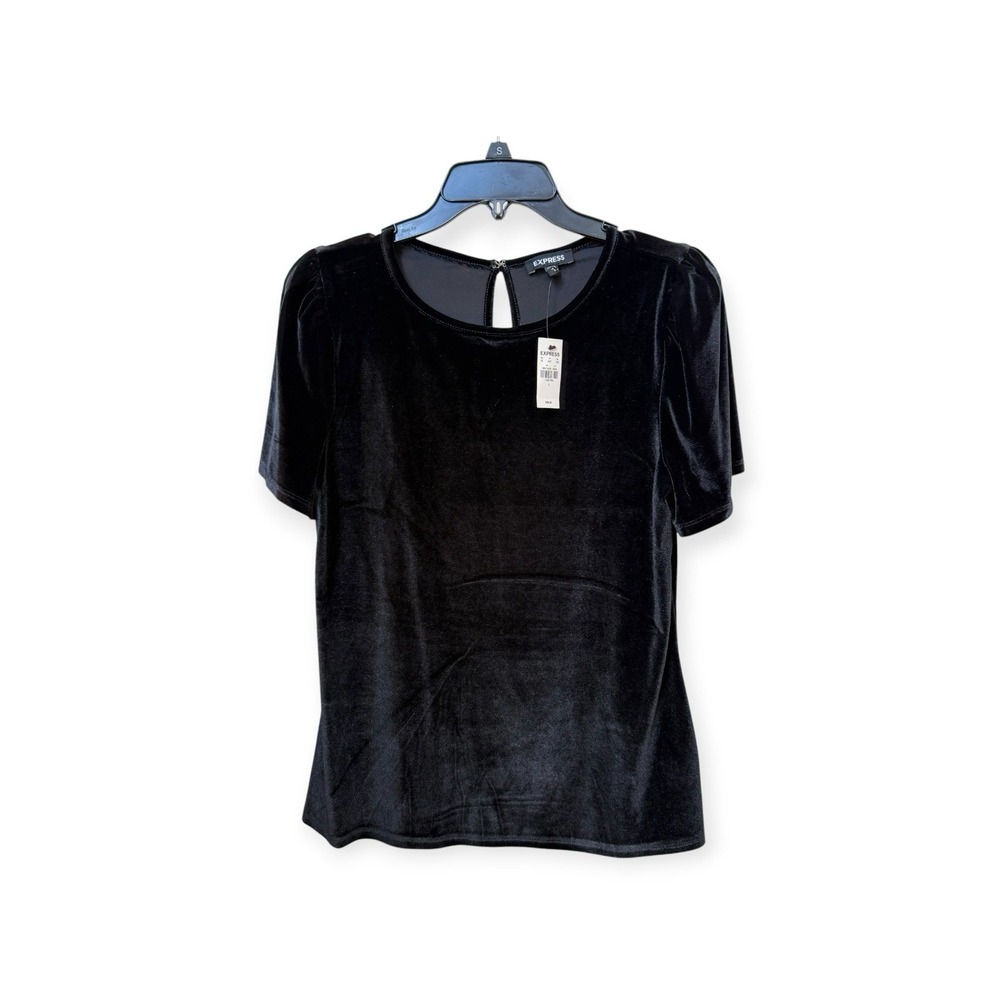 EXPRESS BLACK VELVET SHORT PUFF SLEEVE TEE Top Shirt Blouse Sz Lg NWT Stretch
